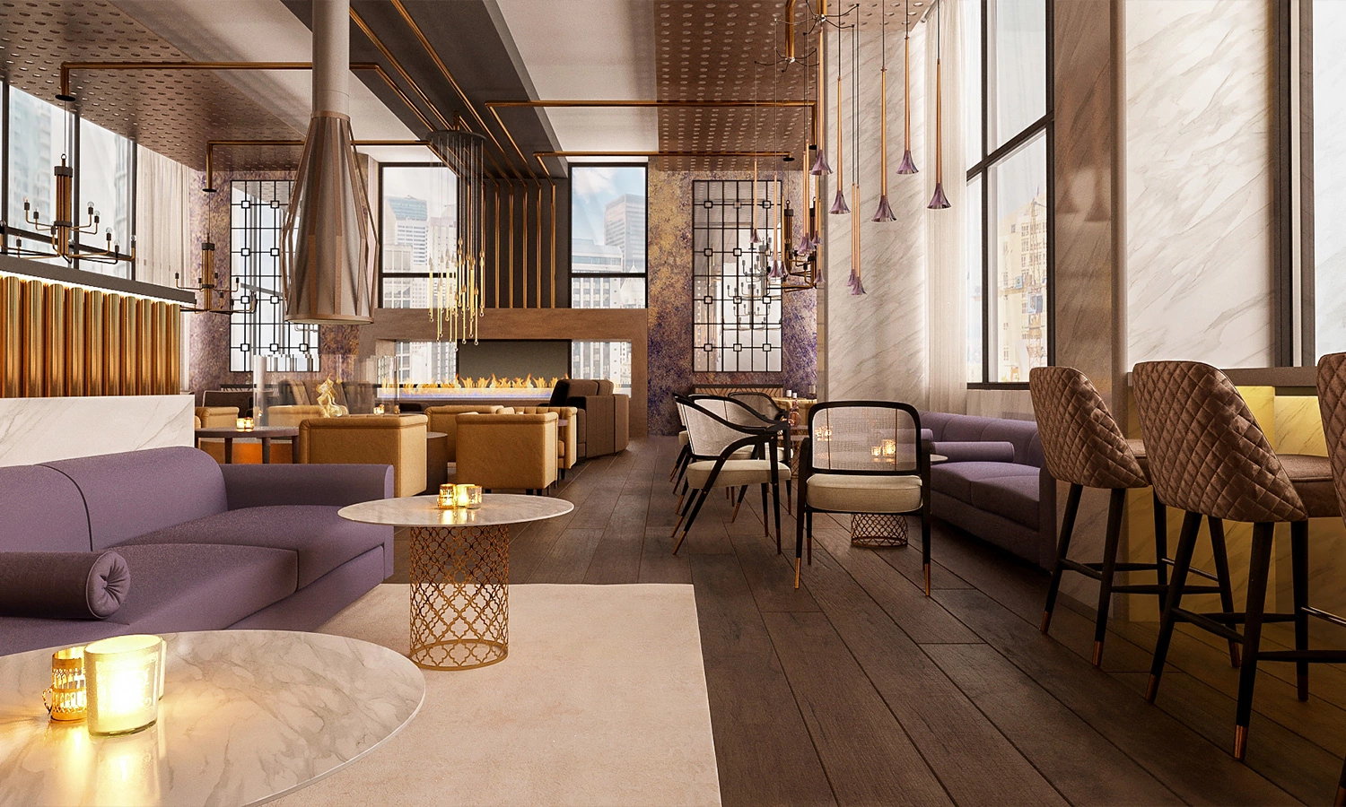 Bellevue hospitality lounge with skyline view — Ariana Designs
