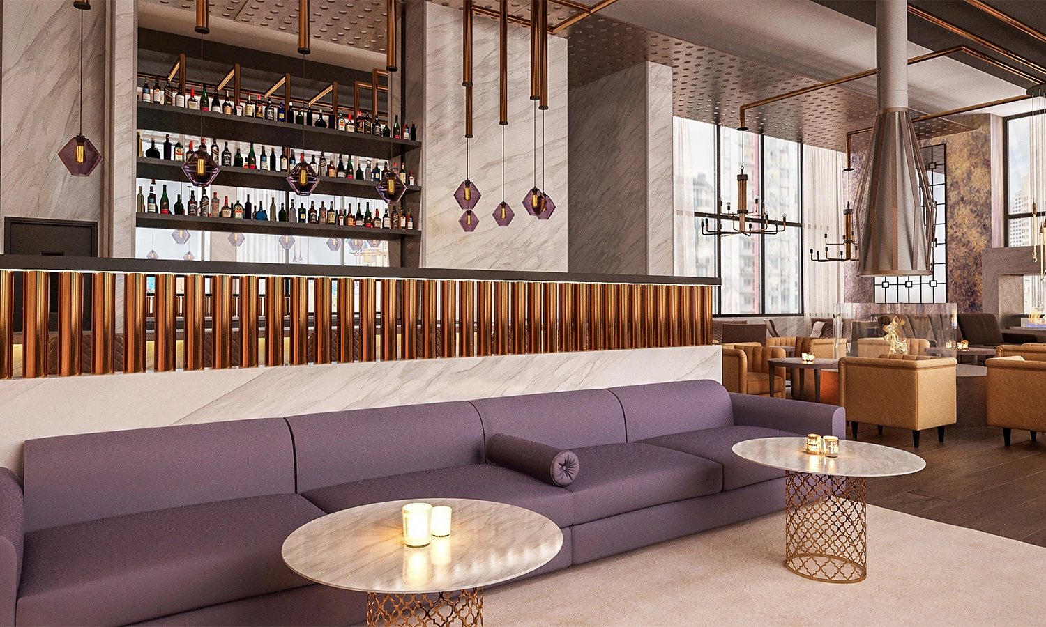 Lounge area with purple sofa and ambient lighting — Bellevue, Ariana Designs