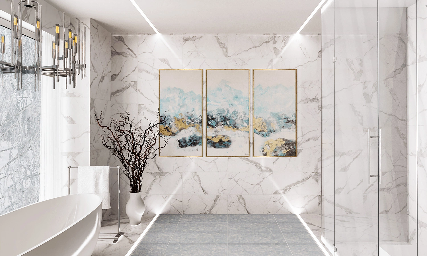 Elegant modern bathroom featuring white marble, freestanding tub, and serene design elements.