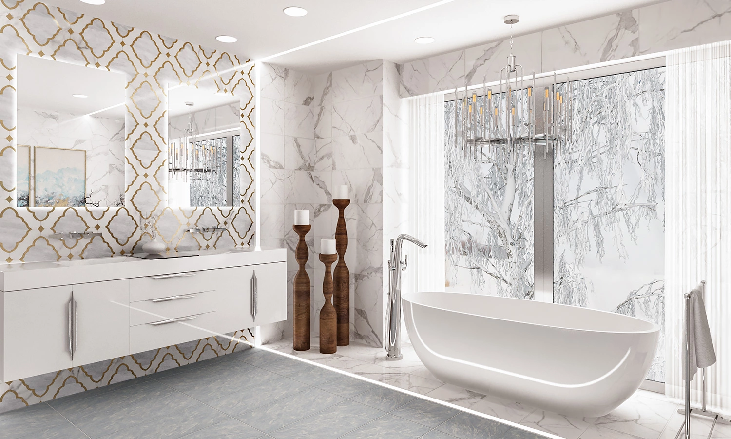 Luxurious modern bathroom design with marble elegance — Tailhook Spa, Medina, Ariana Designs