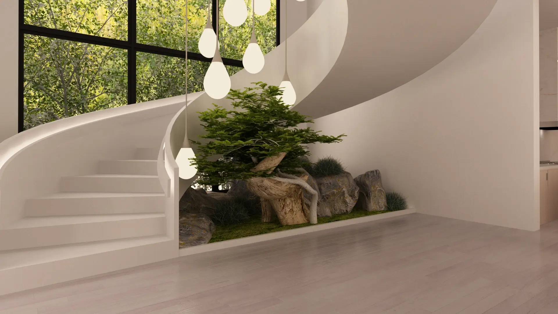 Curved modern staircase — Tailhook Home, Ariana Designs, Bellevue