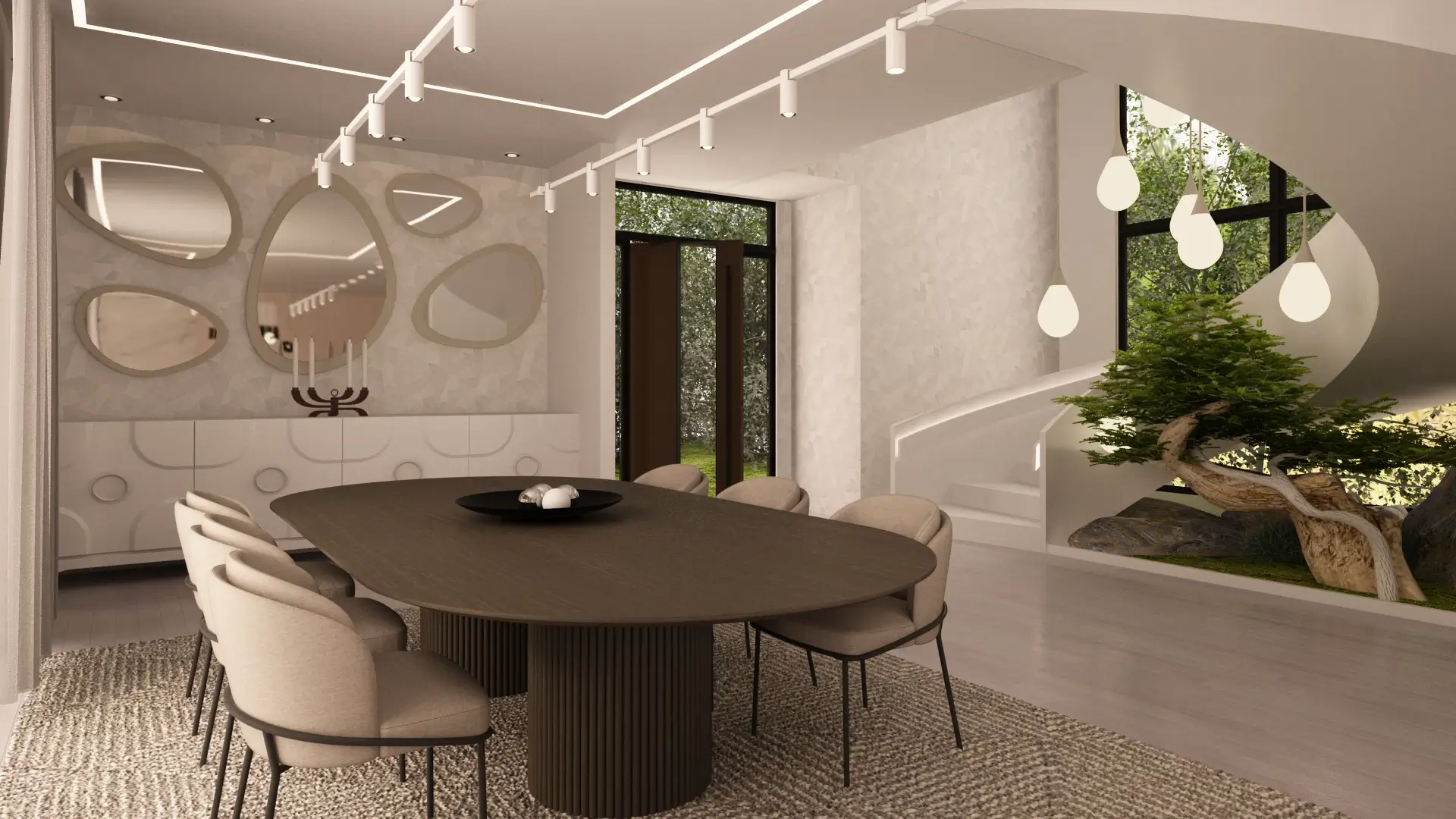 Dining area with oval table and mirrors — Tailhook Home, Ariana Designs