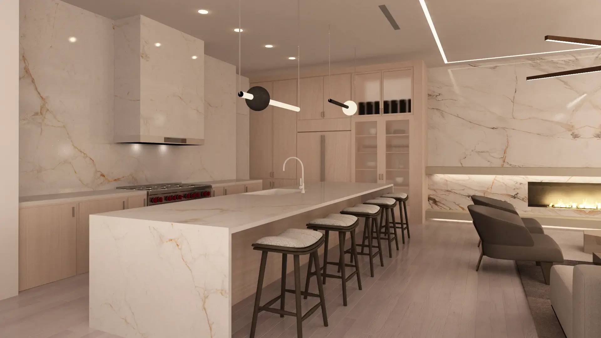 Tailhook Home kitchen — white marble and maple — Ariana Designs, Bellevue