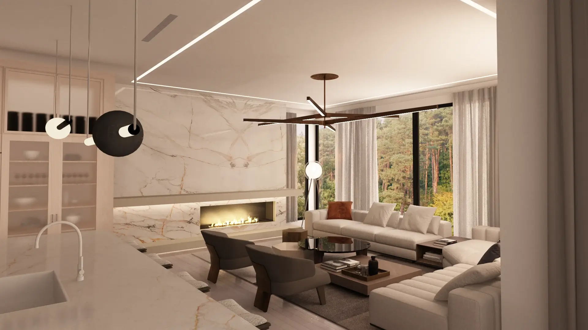 Sophisticated modern living room with natural light, elegant design, and inviting atmosphere.