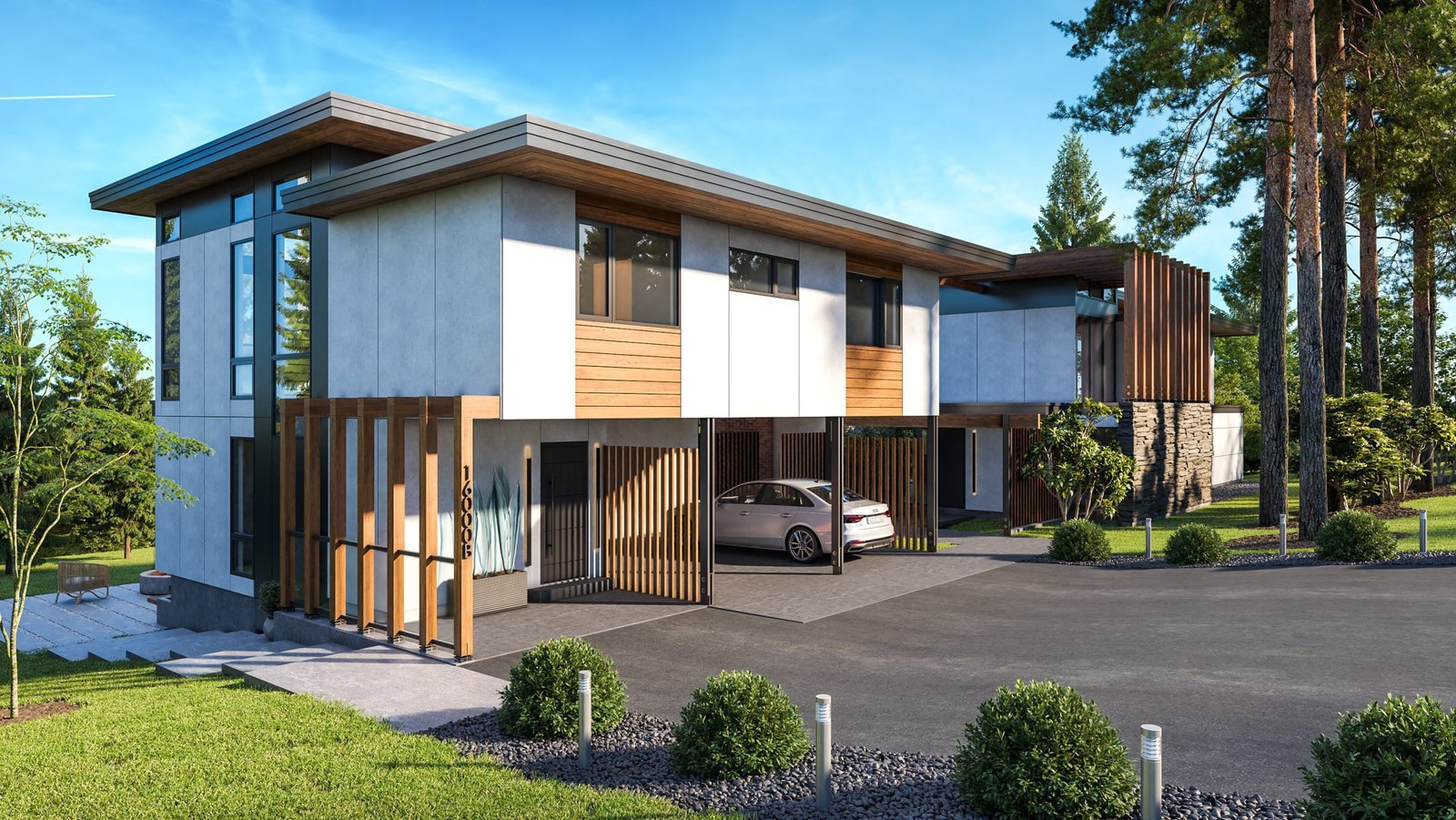 Modern two-story house and ADU design with large windows and a welcoming garden.