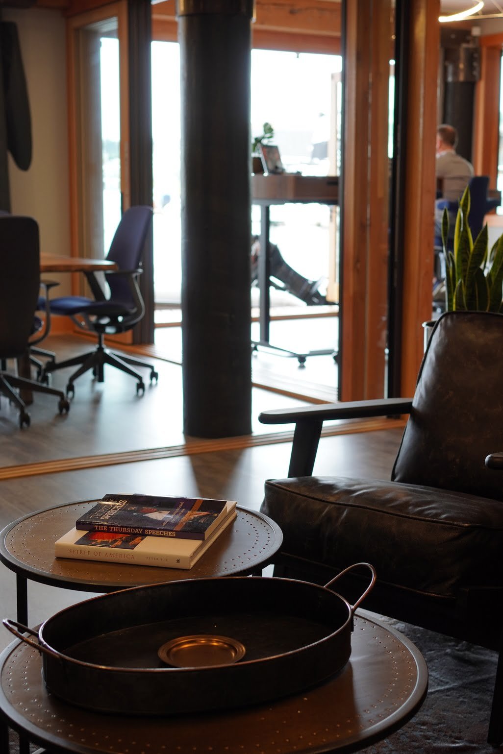 Cozy modern workspace at West Lake Office — Ariana Designs, Seattle