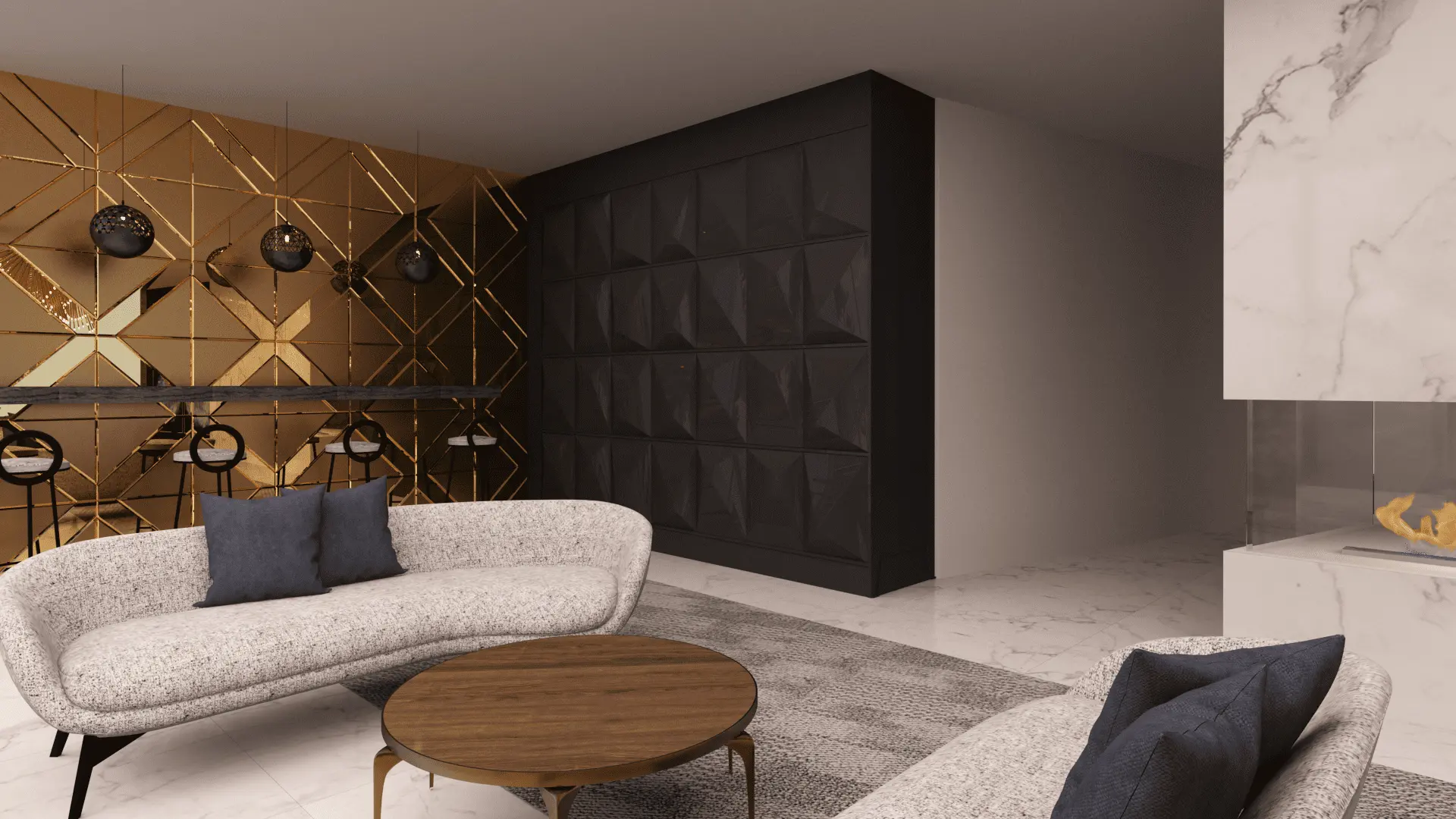 Luxurious modern living room elegant sofas geometric accents — Ariana Designs, Bellevue lobby