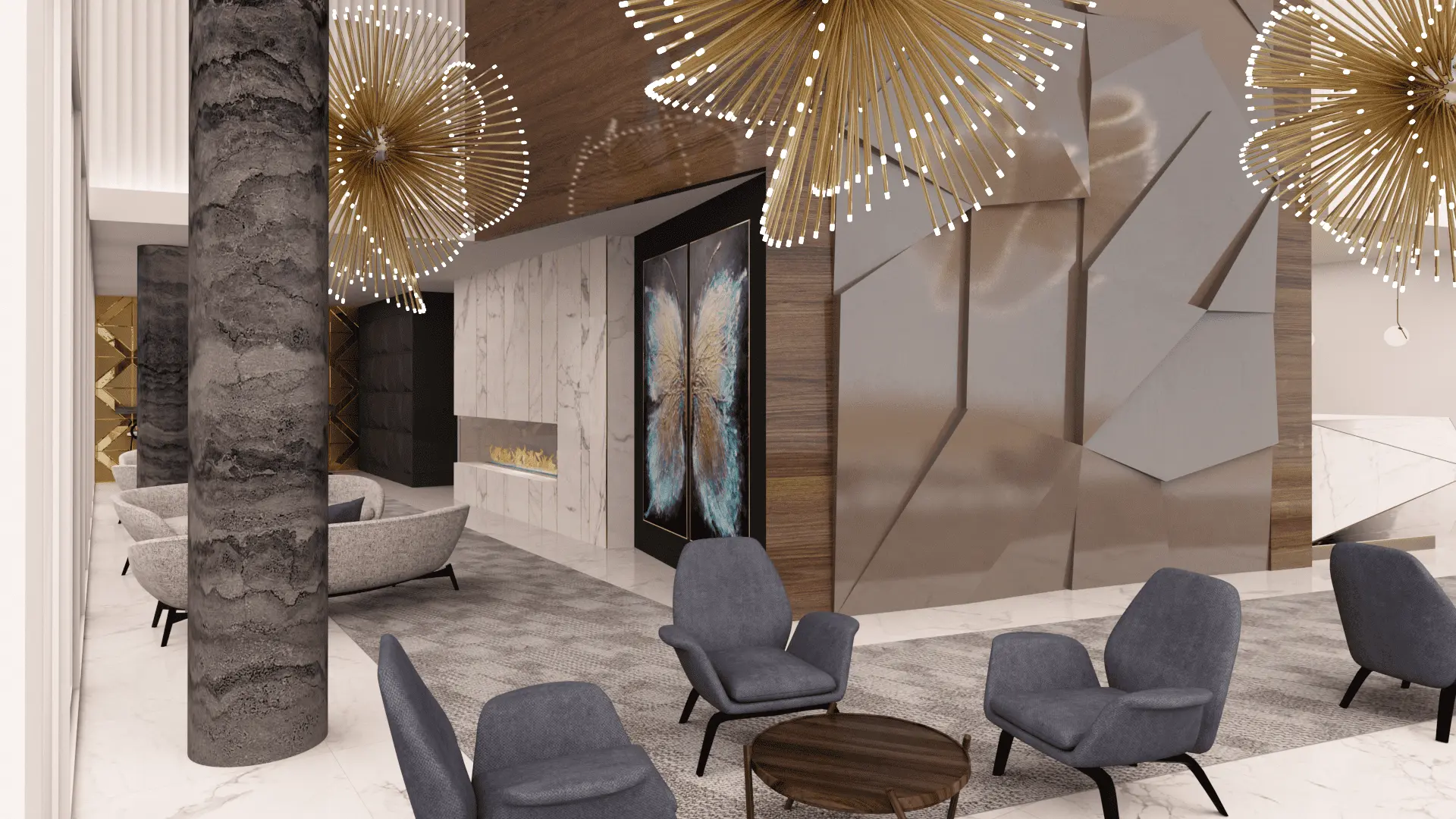 Stylish modern lobby elegant decor artistic lighting — Ariana Designs, Bellevue Washington