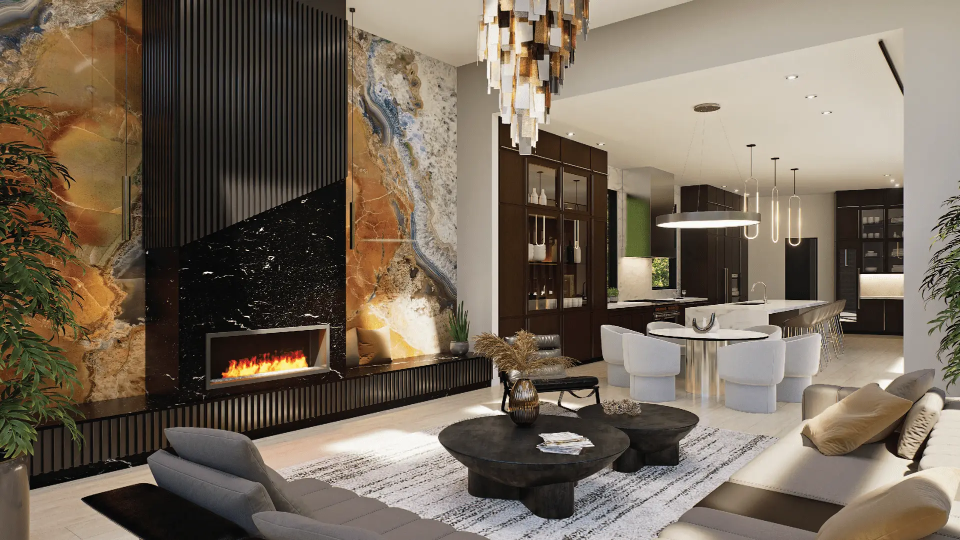 Luxury modern living space with stone wall and natural light — Vineyard Crest, Ariana Designs, Bellevue