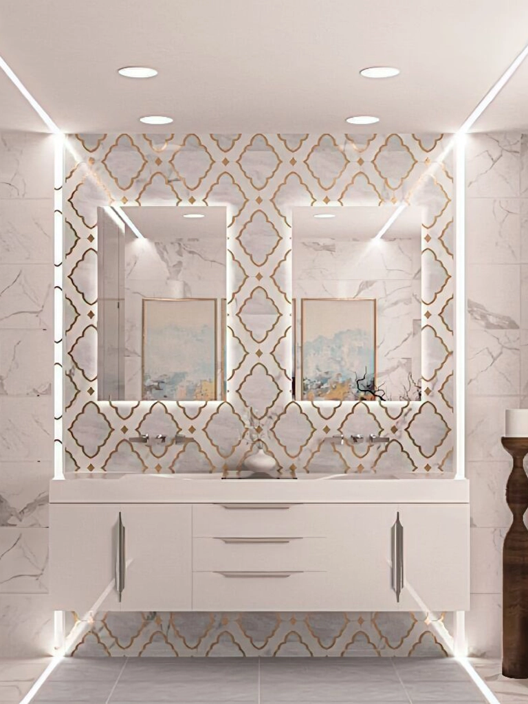 Ornate white marble bathroom with gold brass hardware — Mercer Island, Ariana Designs