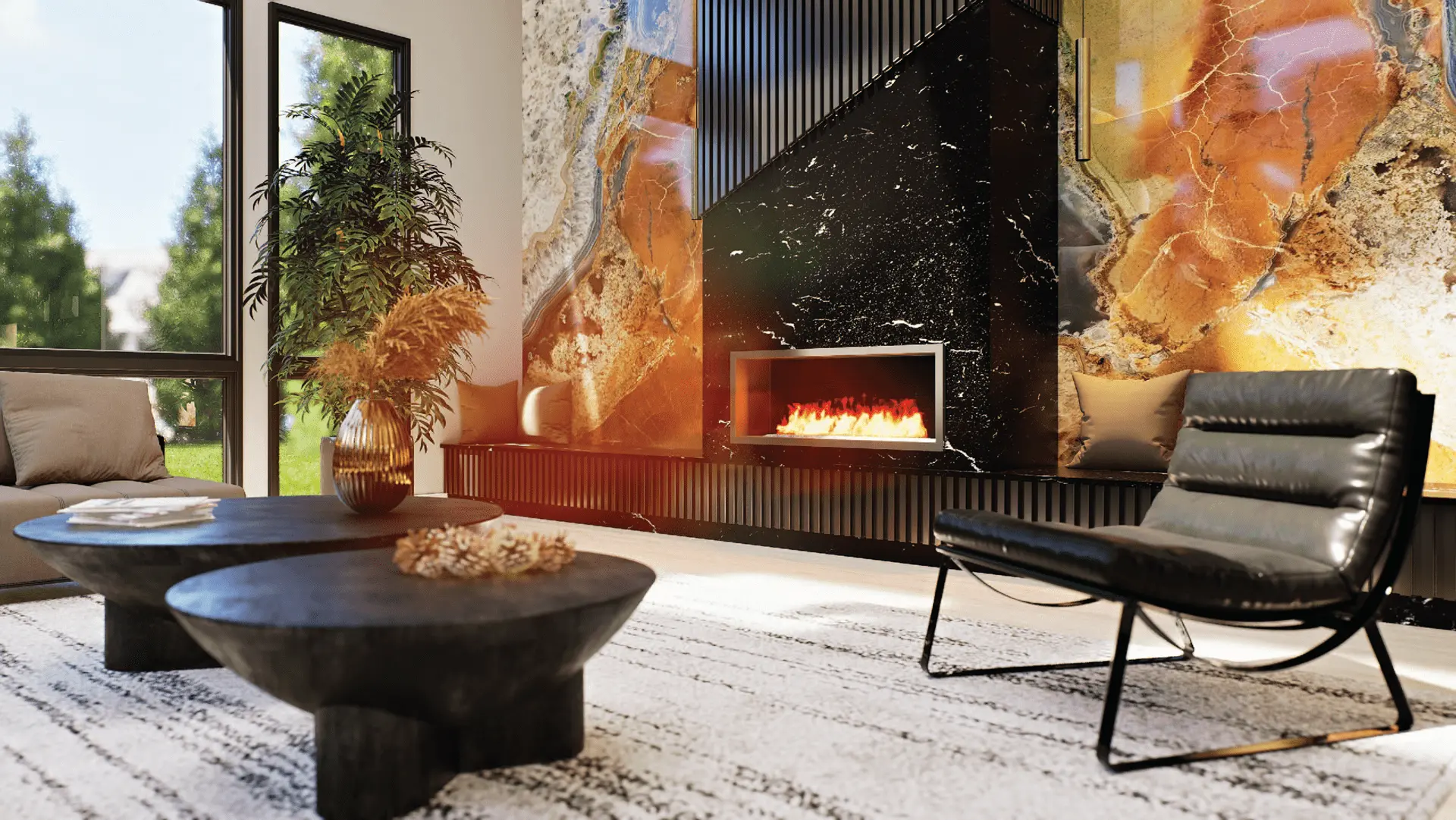 Stone feature wall and black marble fireplace — Vineyard Crest, Ariana Designs, Bellevue