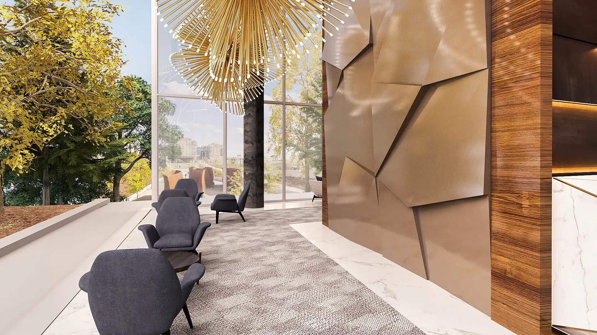Contemporary lobby natural light elegant furnishings geometric patterns — Ariana Designs, Bellevue Washington