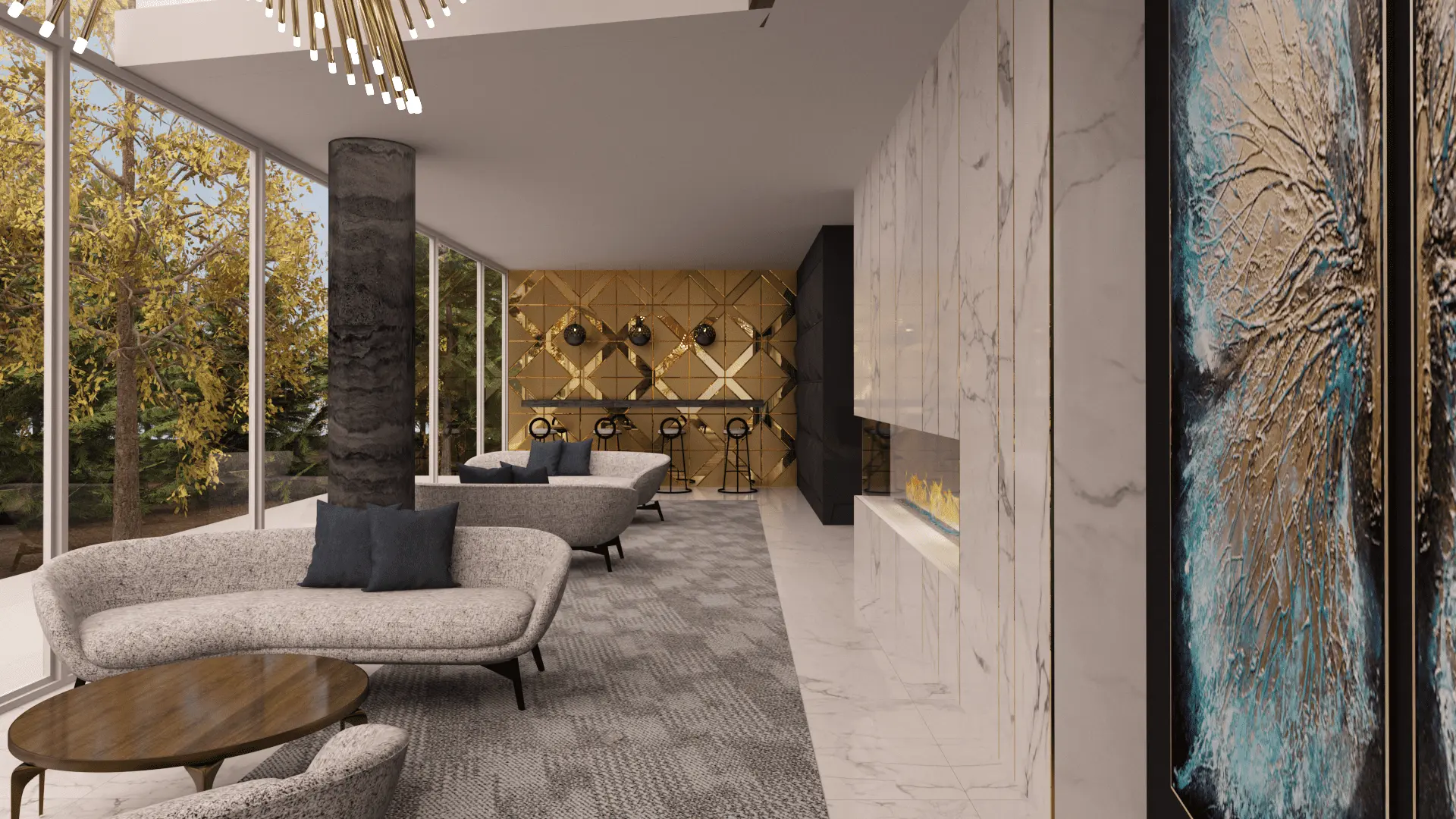 Sophisticated modern lounge vibrant views elegant furnishings artistic decor — Ariana Designs, Bellevue lobby