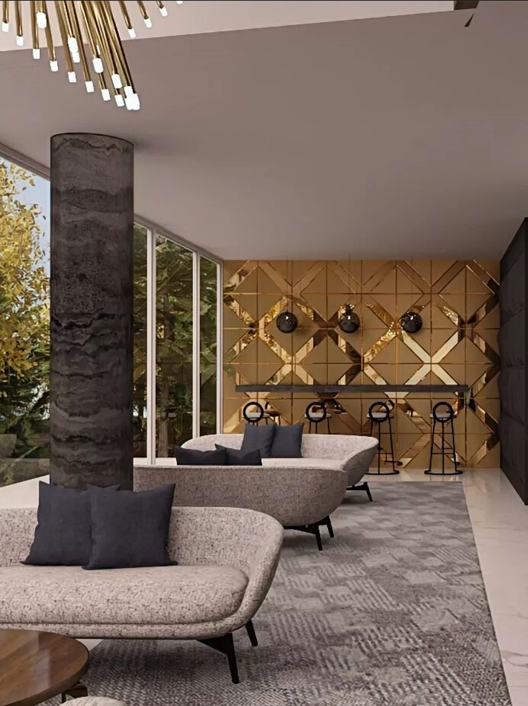 Modern luxury interior golden accents inviting seating socializing — Ariana Designs, Bellevue lobby