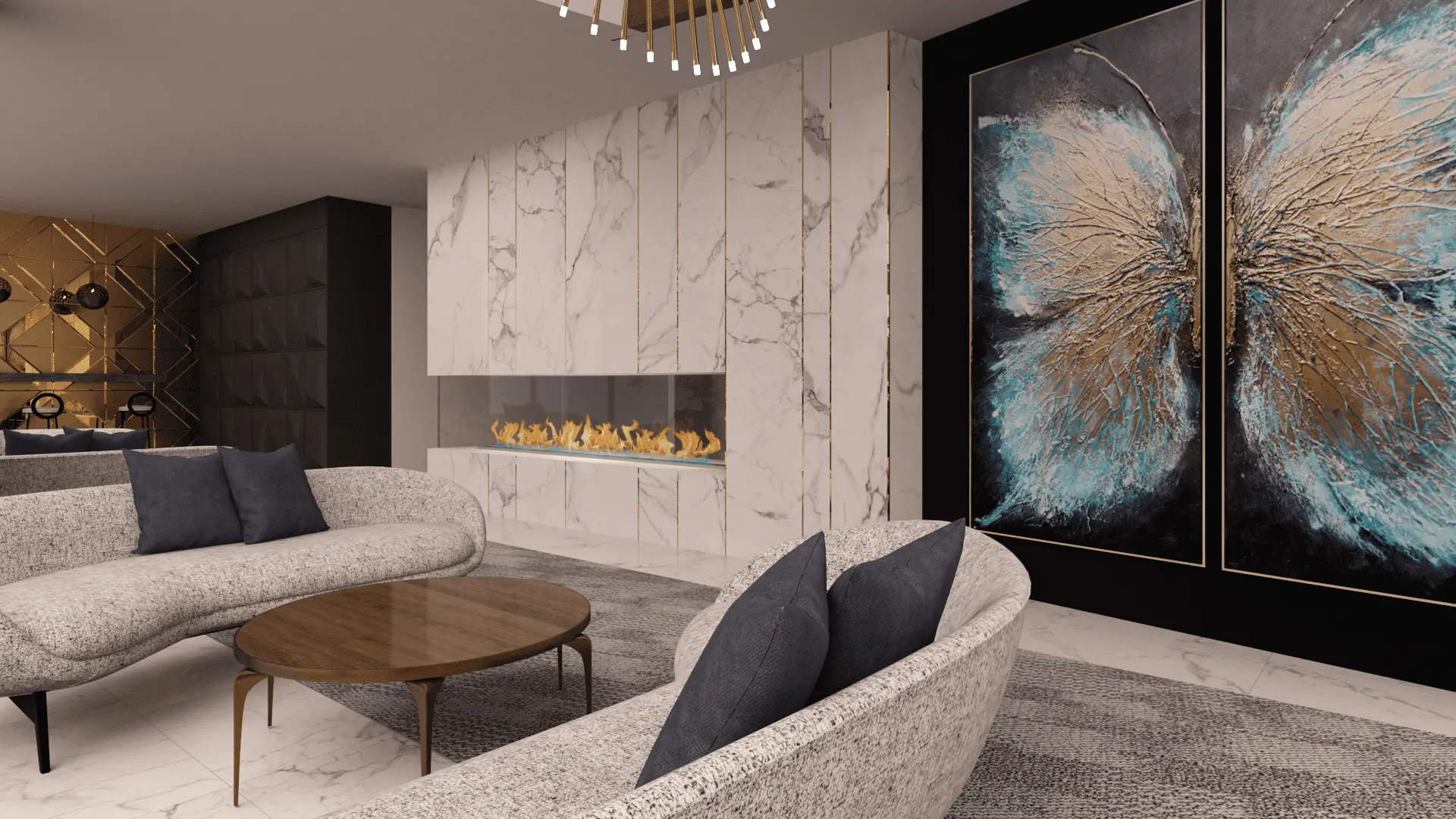 Sophisticated modern living space curved sofas marble butterfly art — Ariana Designs, Bellevue Washington