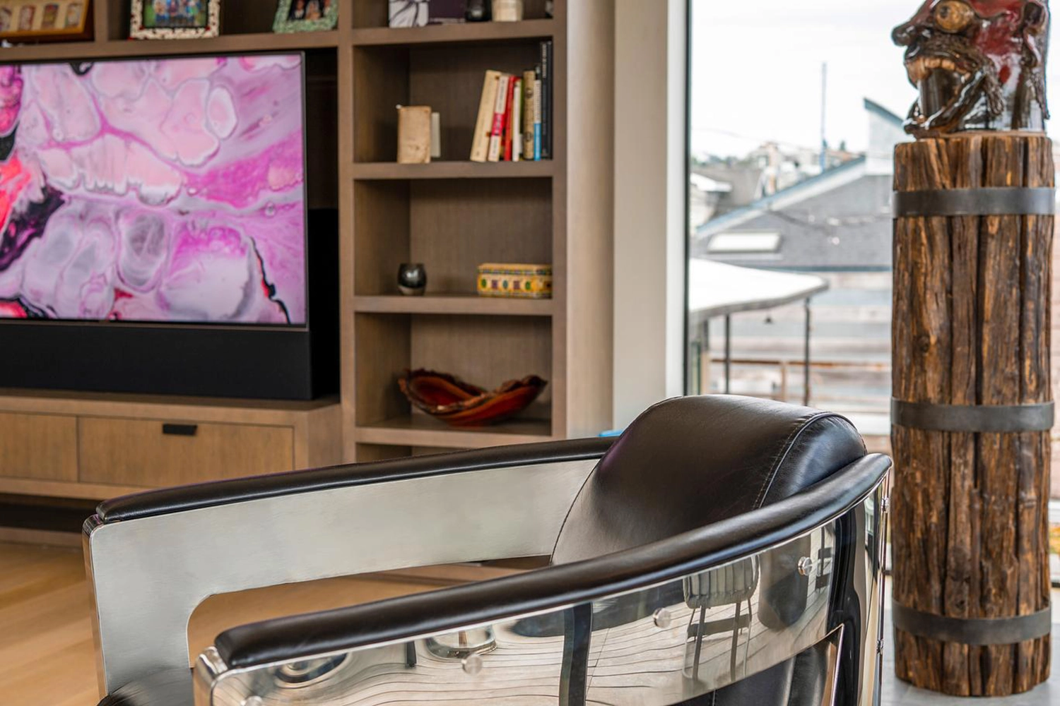 Contemporary living space armchair vibrant art wooden sculpture — Ariana Designs, Seattle floating home