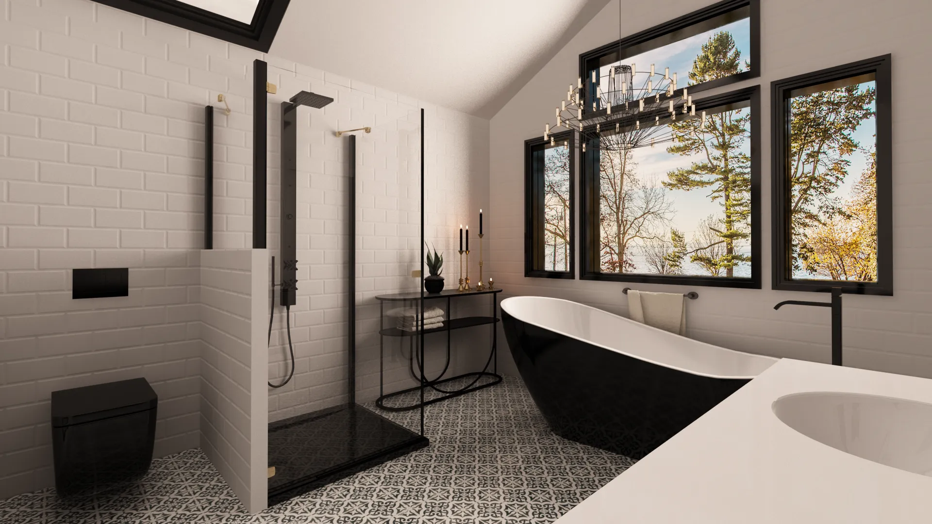 Black freestanding tub monochrome bathroom — Ariana Designs, Medina