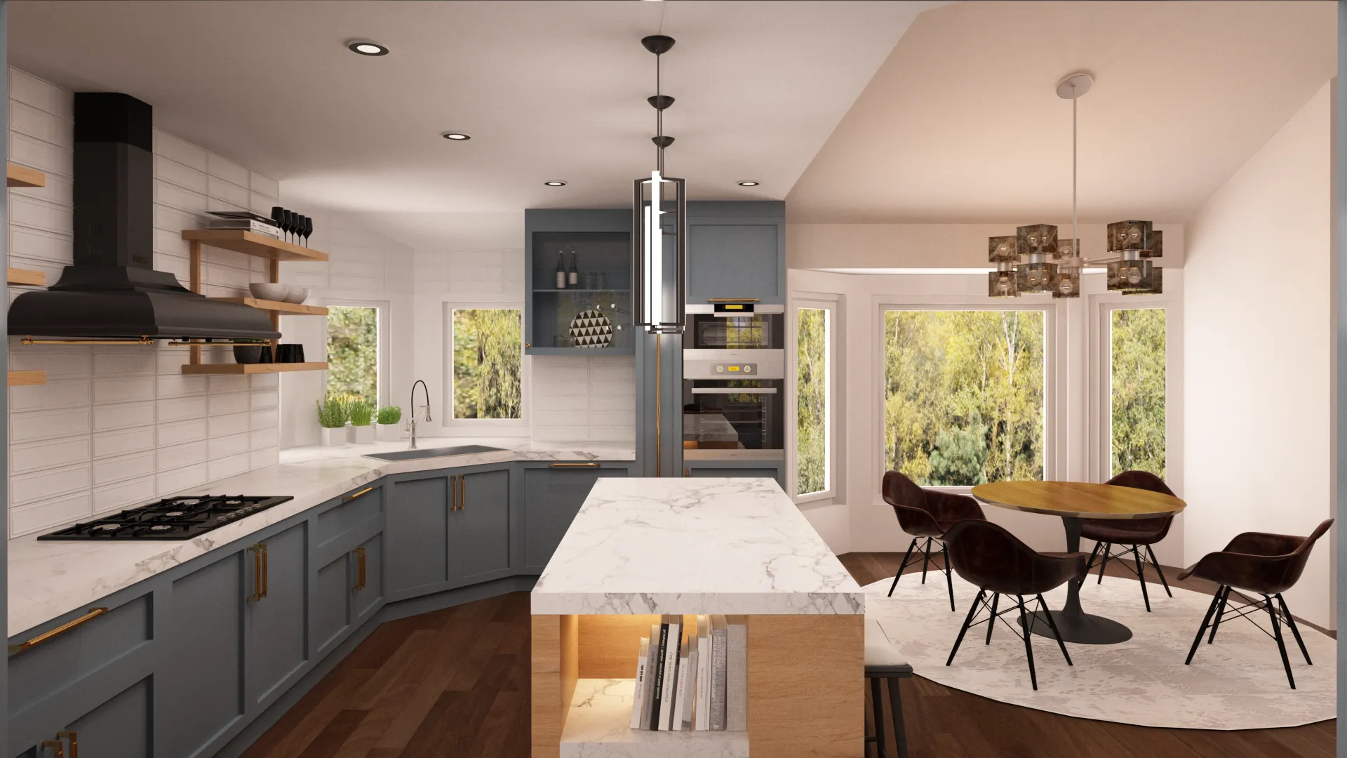 Mid-century modern dining nook with blue cabinetry — Ariana Designs, Bellevue