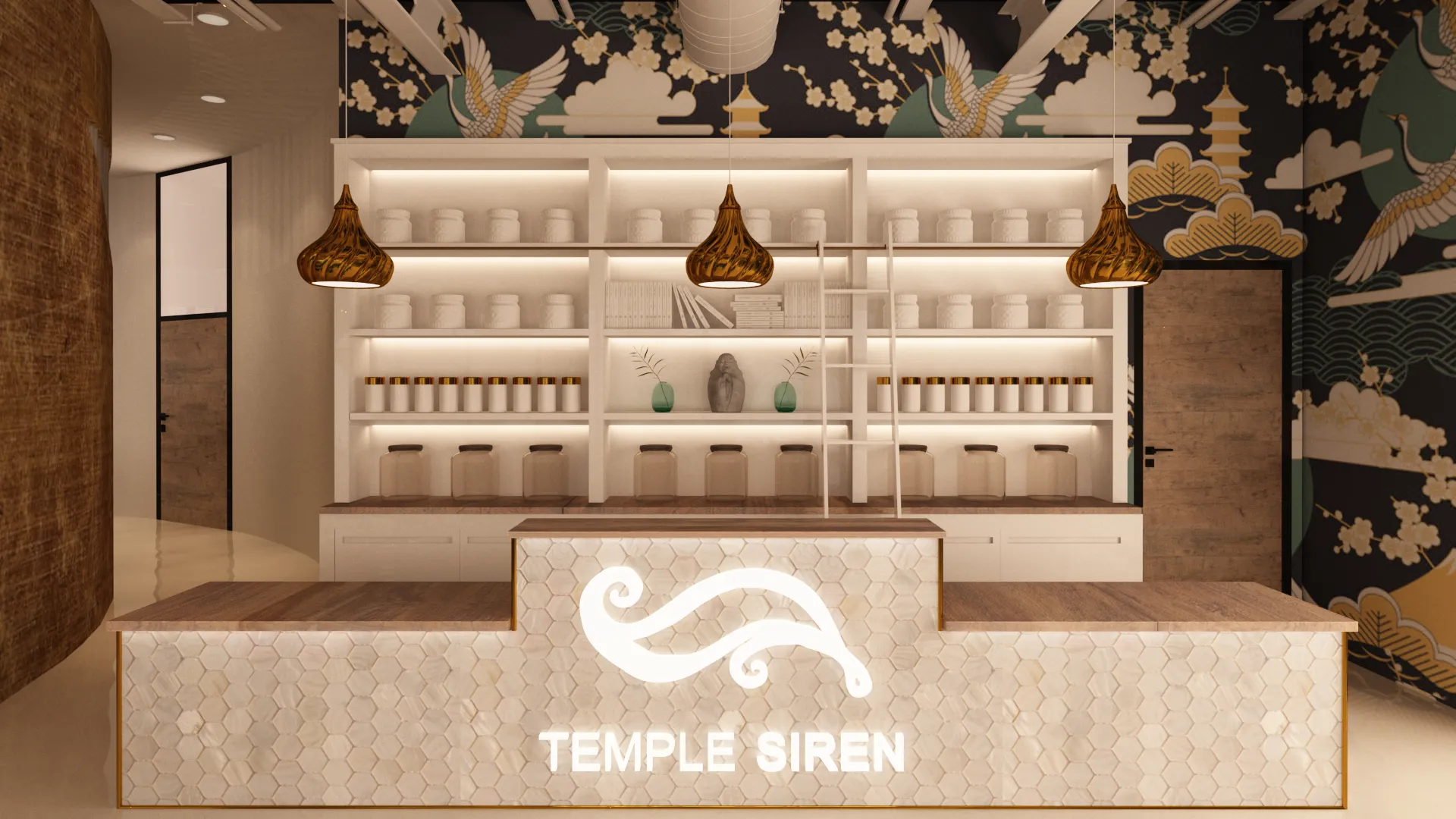 Reception with Oriental wallpaper and pearl hexagon desk — Tropical Serenity Spa, Bainbridge Island