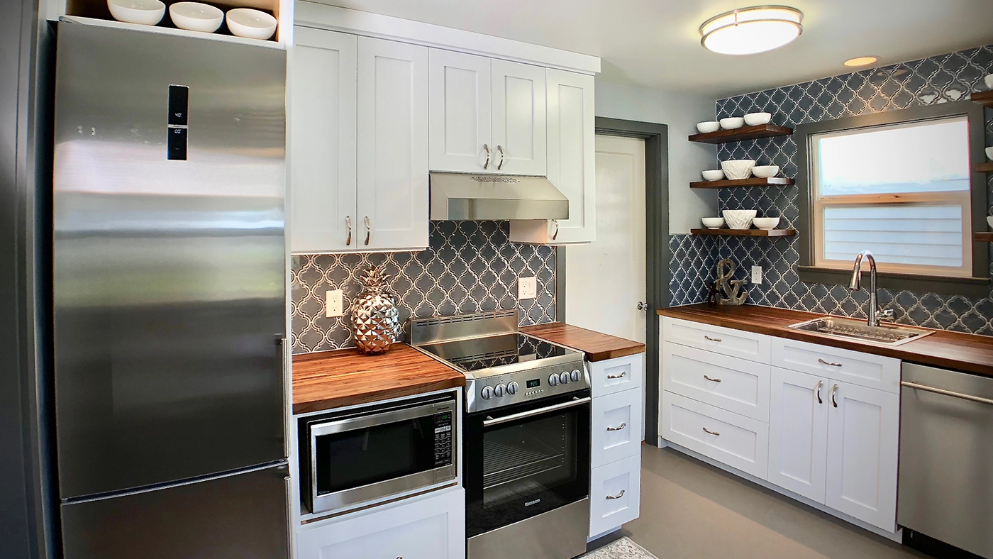 Contemporary cottage kitchen with wood shelving — Pacific Northwest, Ariana Designs