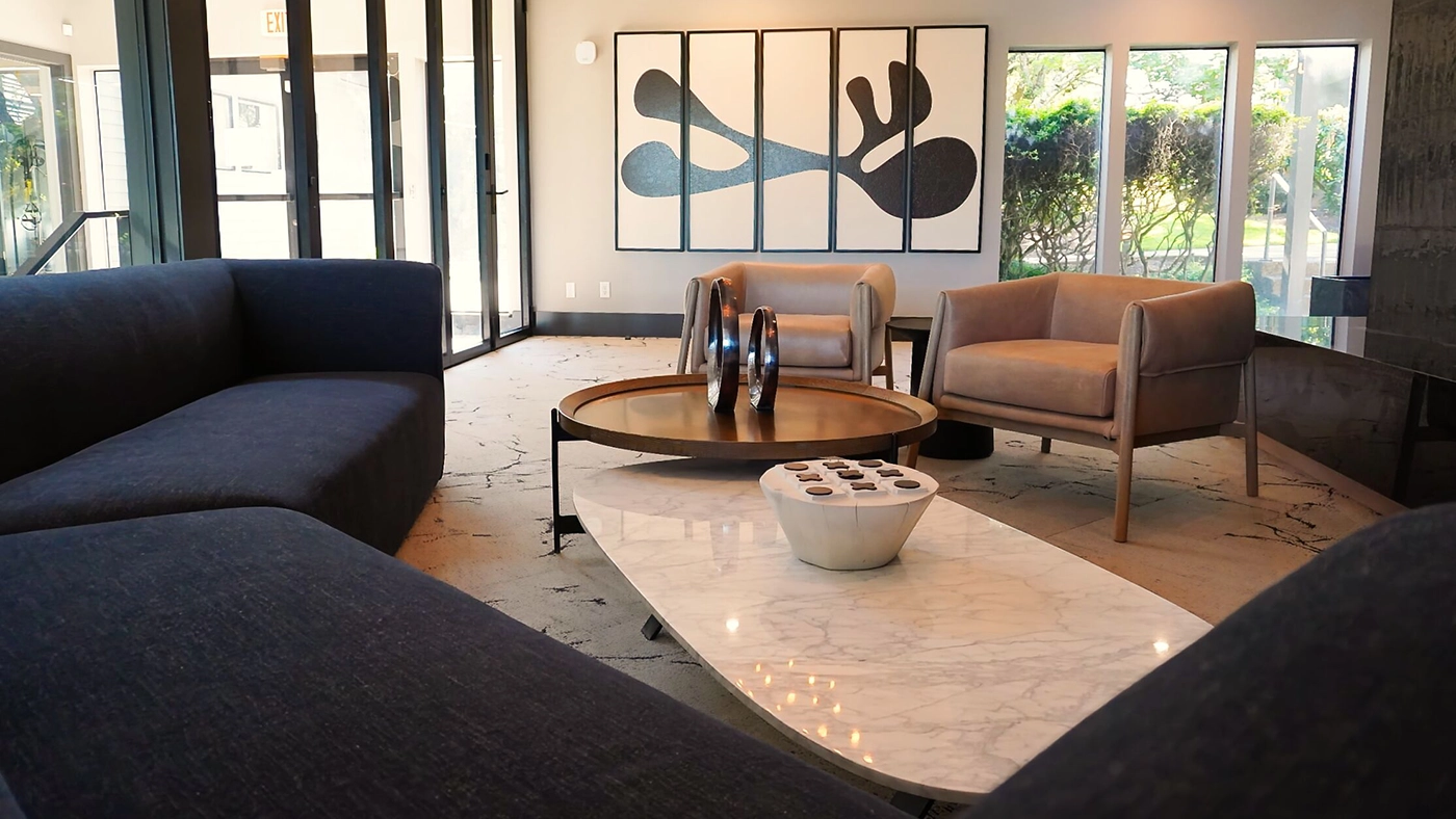 Cozy modern lounge with curved charcoal sofas — clubhouse, Ariana Designs, Lake Oswego