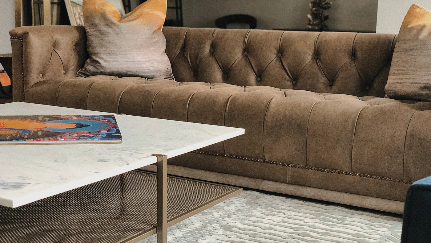 Stylish living room tufted couch modern coffee table — Ariana Designs, Sumner Washington
