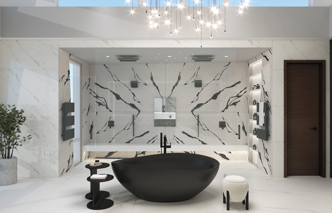 Black freestanding bathtub luxurious marble bathroom — Ariana Designs, Kirkland Washington