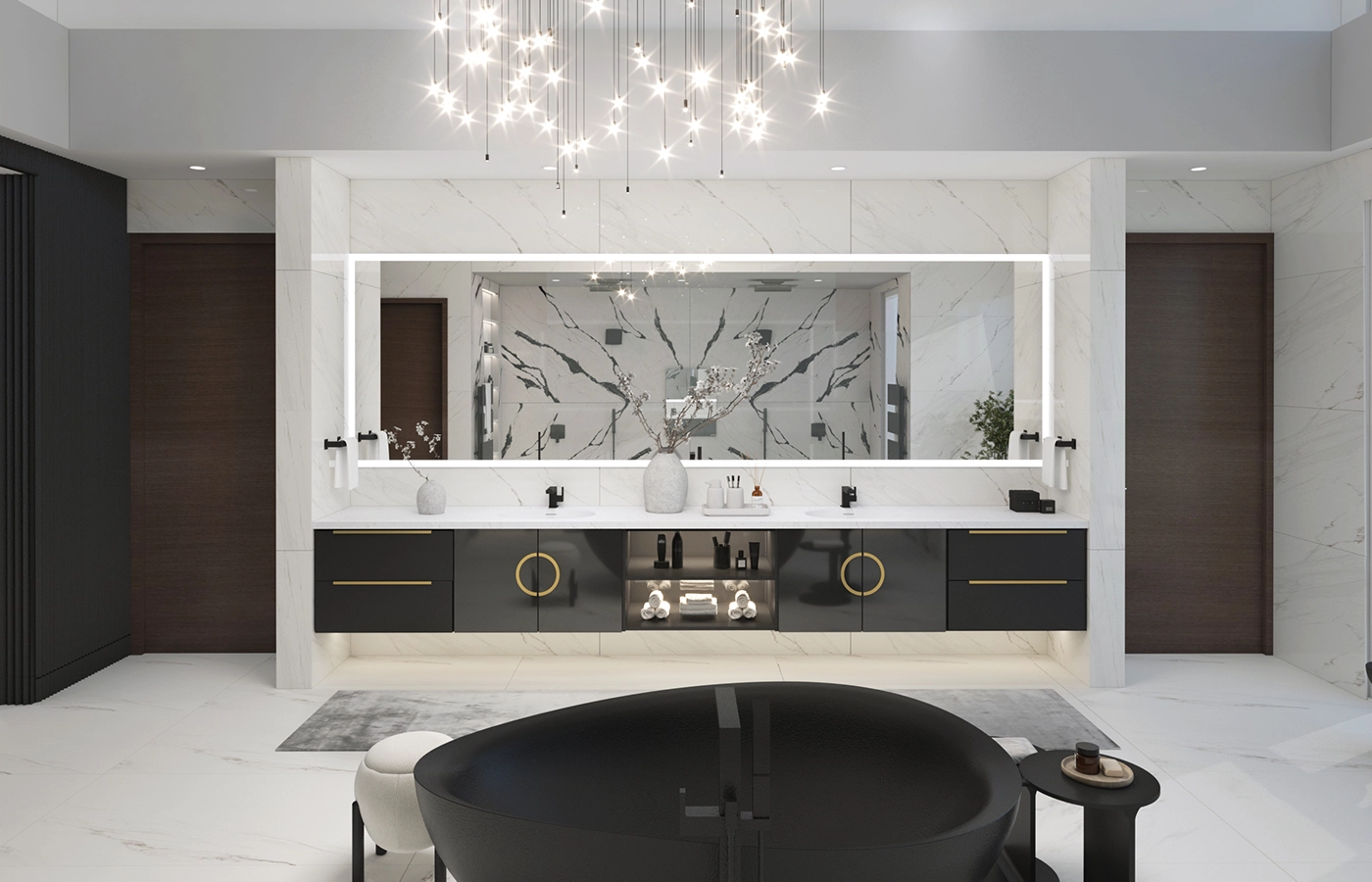 Luxury modern monochrome bathroom marble vanity — Ariana Designs, Kirkland Washington