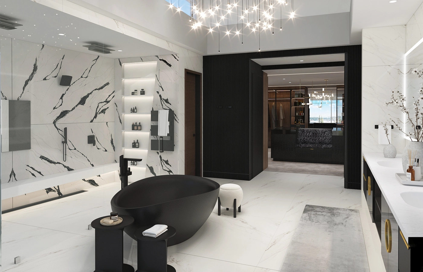 Luxurious monochrome bathroom freestanding tub double vanity — Ariana Designs, Kirkland Washington