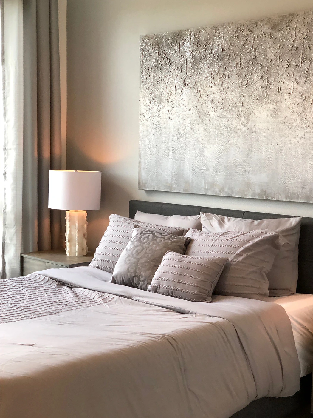 Modern bedroom interior elegant decor cozy bedding — Ariana Designs, Sumner Washington
