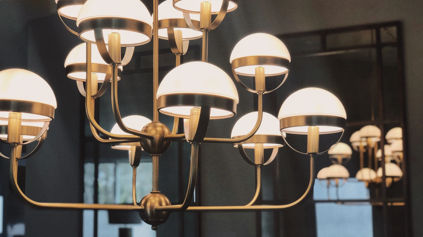Modern chandelier glass shades illuminated — Ariana Designs, Sumner apartment