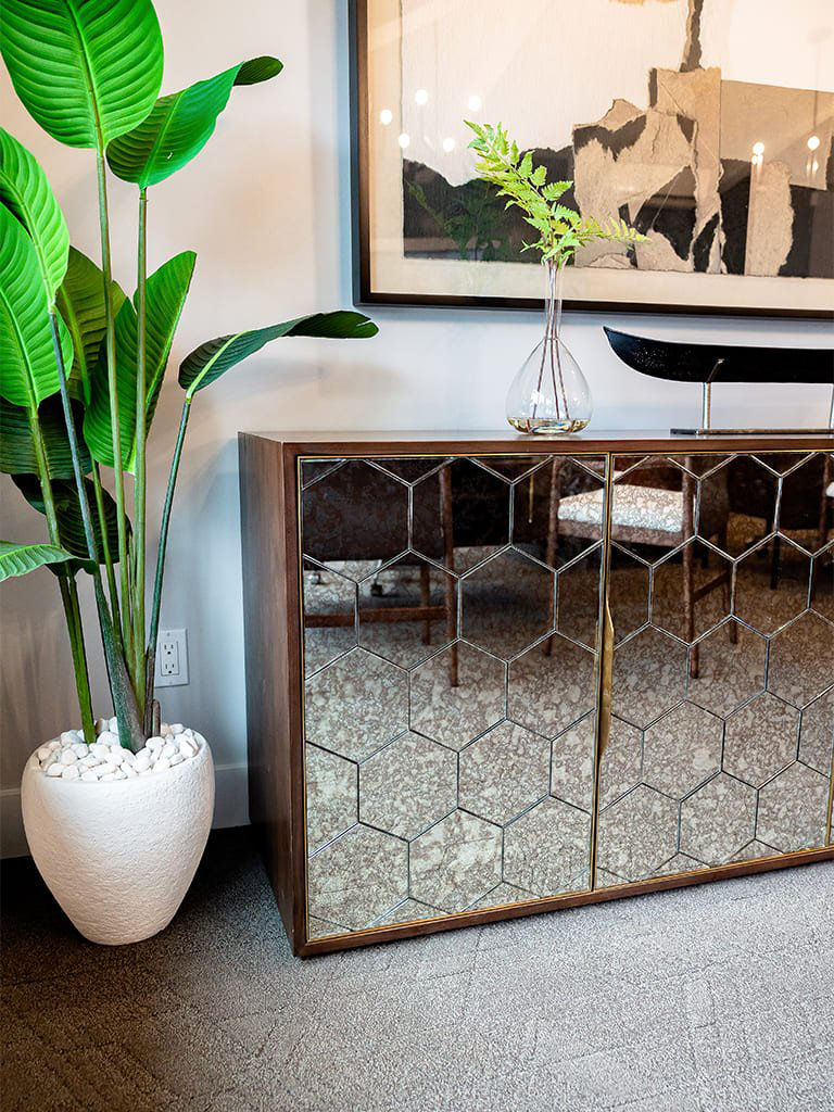 Sophisticated office interior with mirrored cabinet and lush greenery — Bellevue workspace, Ariana Designs