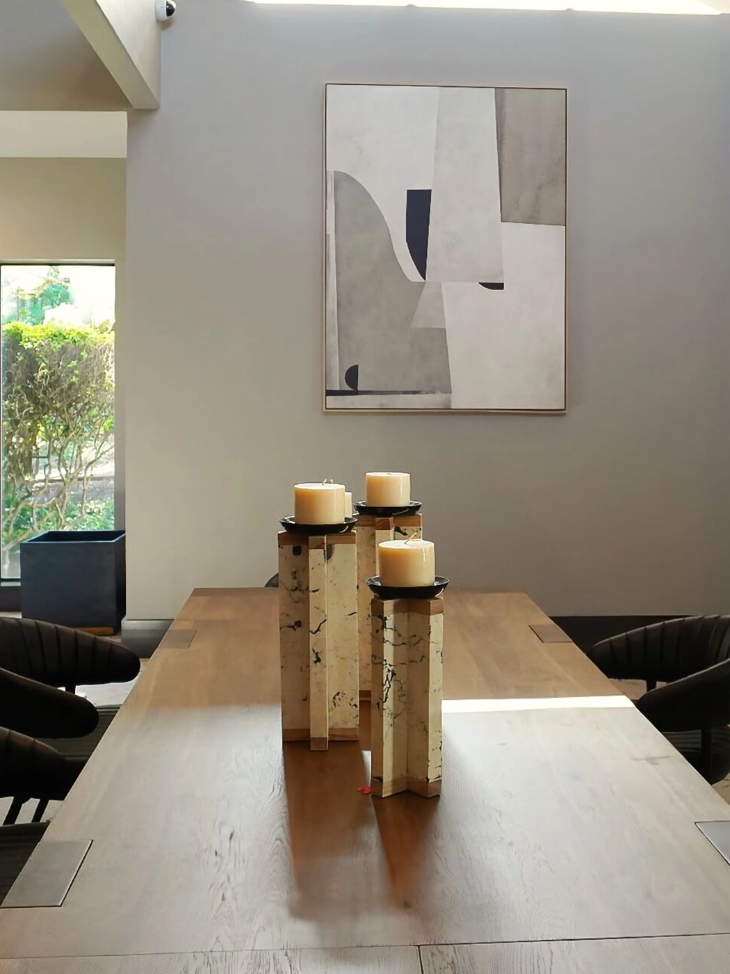 Modern clubhouse interior — graphic wallpaper and chandelier, Ariana Designs, Lake Oswego