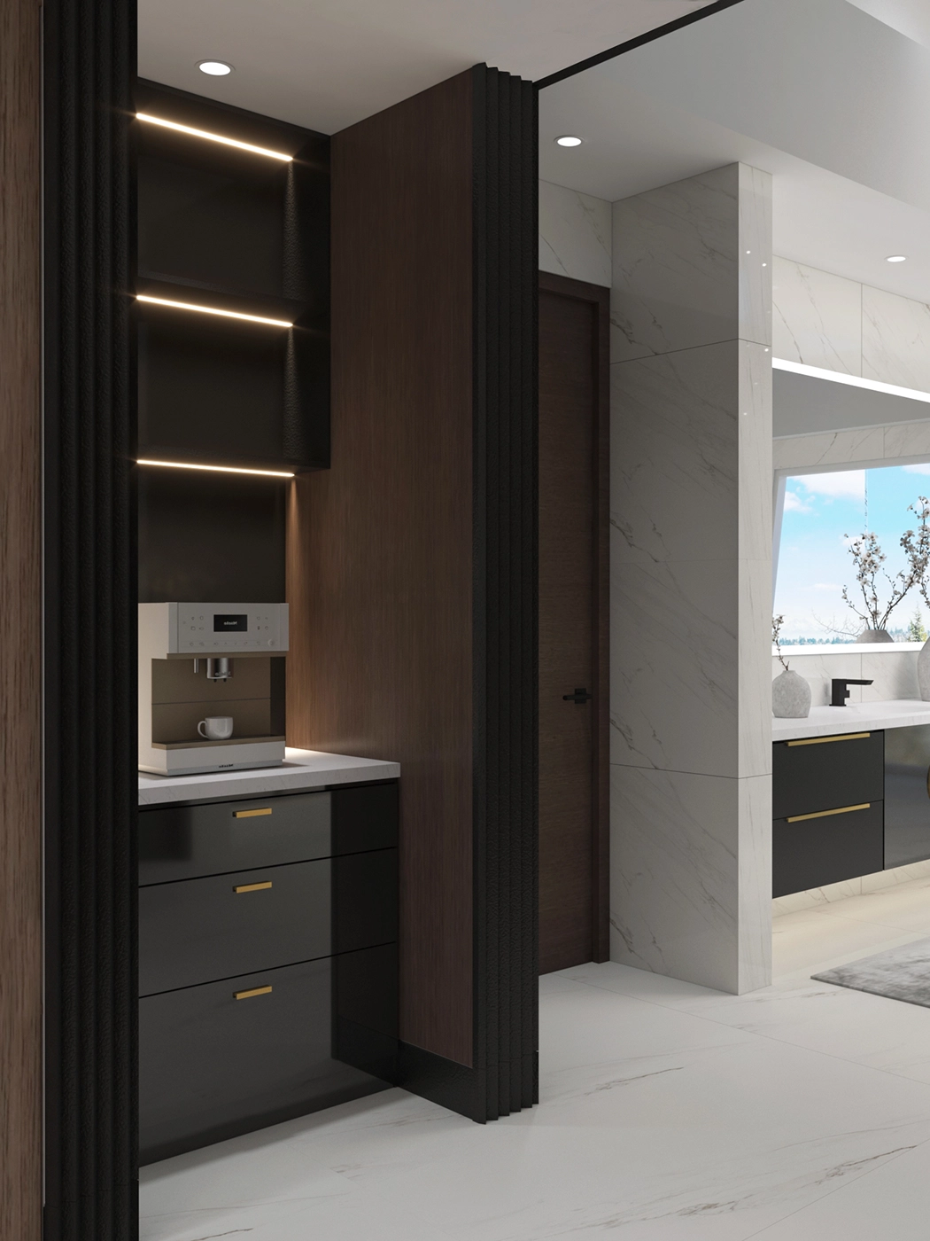 Monochrome kitchen black cabinetry white countertops — Ariana Designs, Kirkland Washington