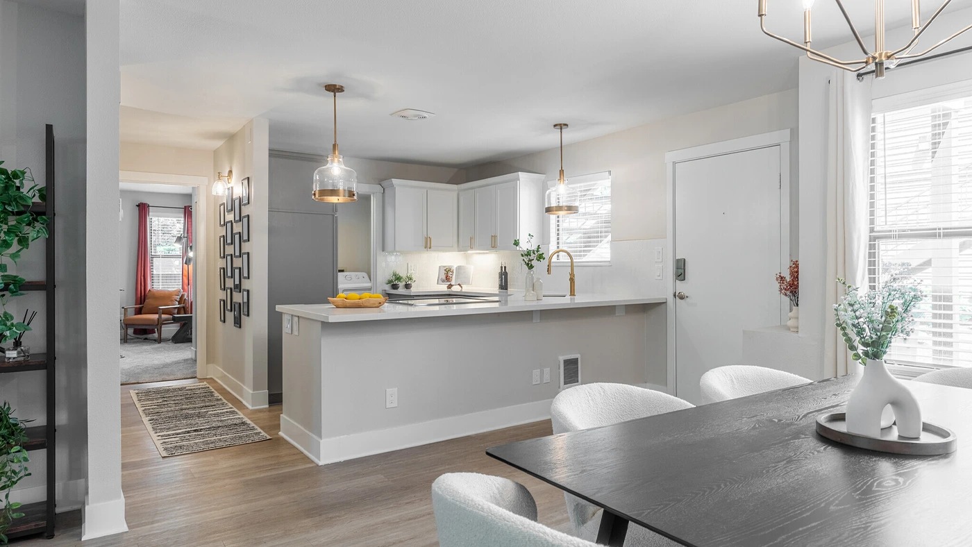 Modern kitchen and dining area — One Jefferson Model Unit, Ariana Designs, Lake Oswego