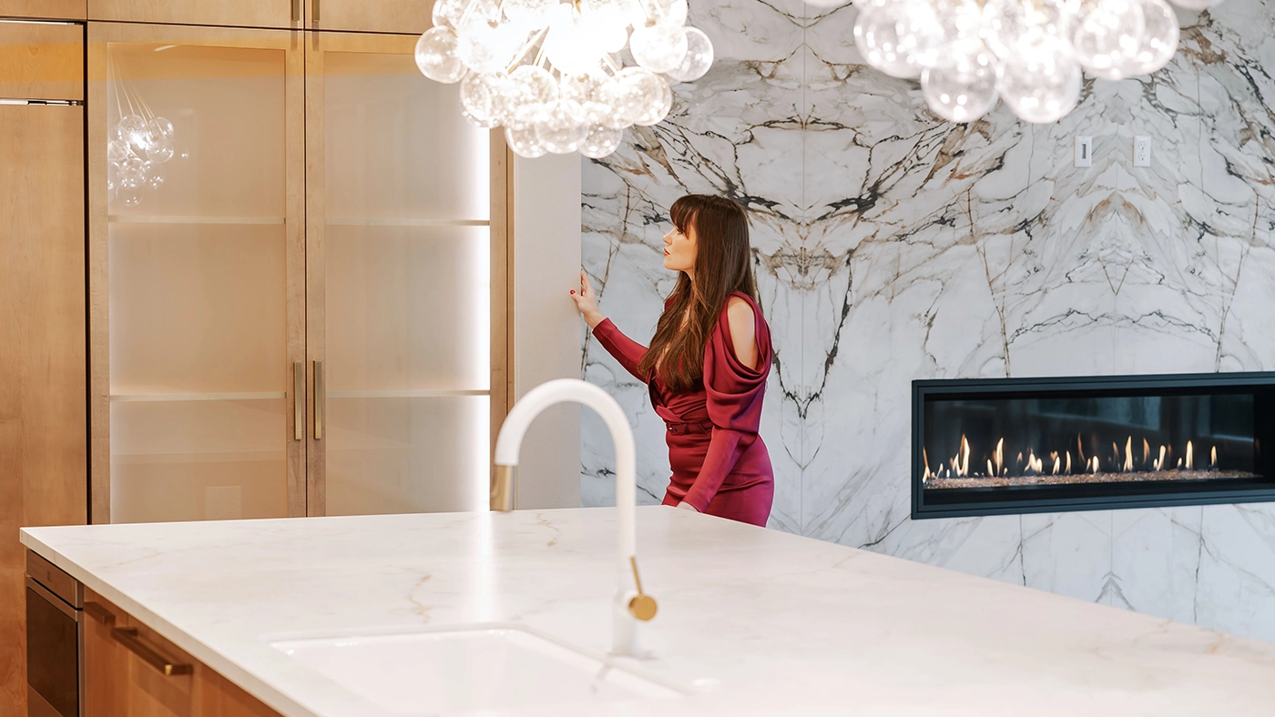 Sophisticated marble island kitchen design — Medina, Washington, Ariana Designs