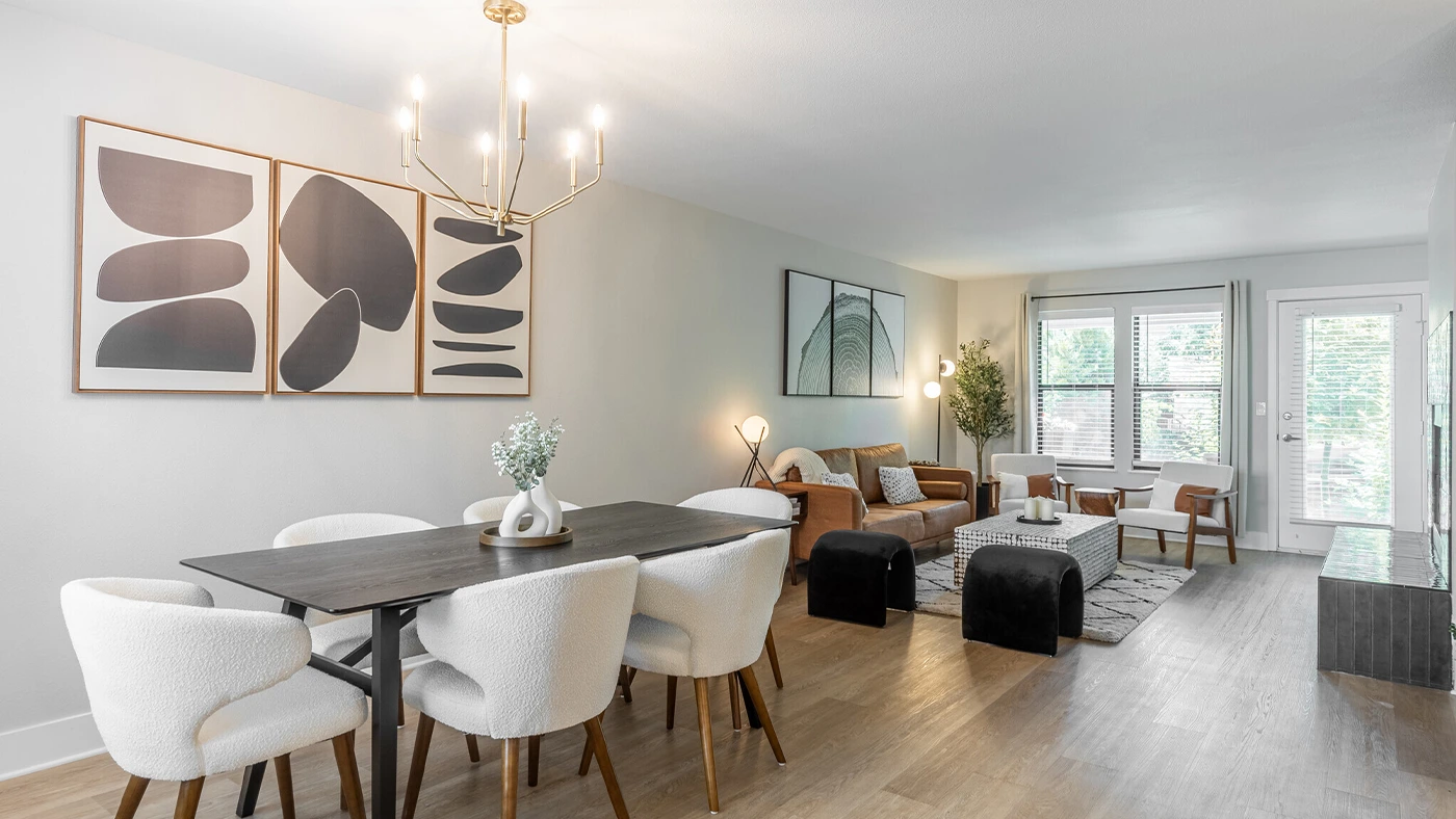 Modern open living and dining area — One Jefferson Model Unit, Ariana Designs, Lake Oswego
