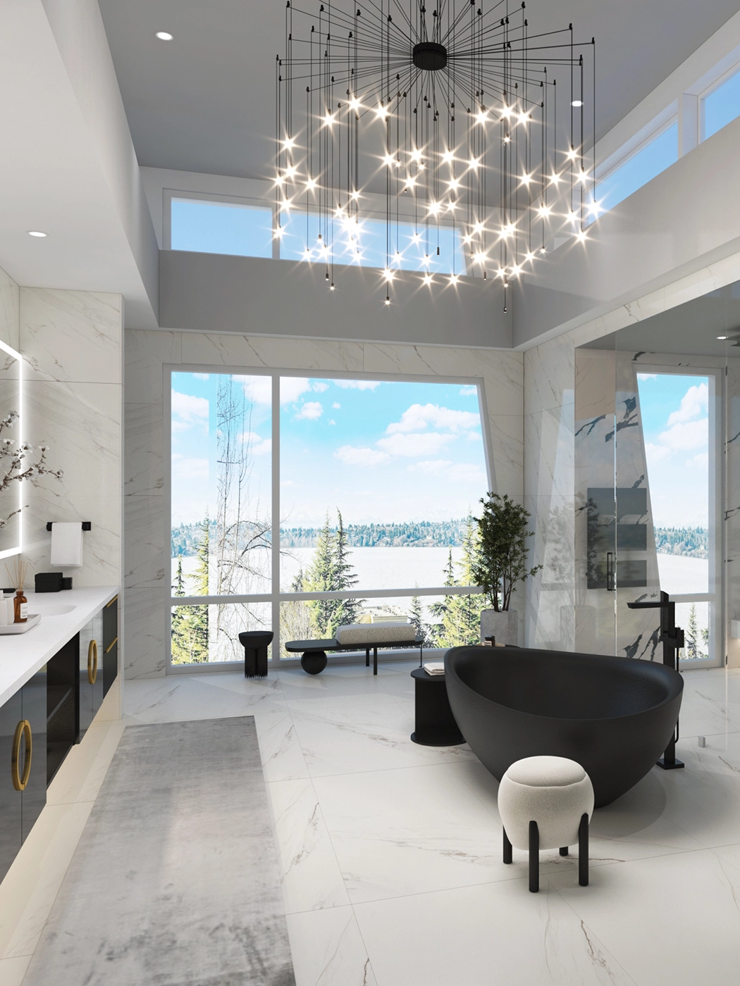 Modern luxury bathroom windows chandelier soaking tub — Ariana Designs, Kirkland Washington