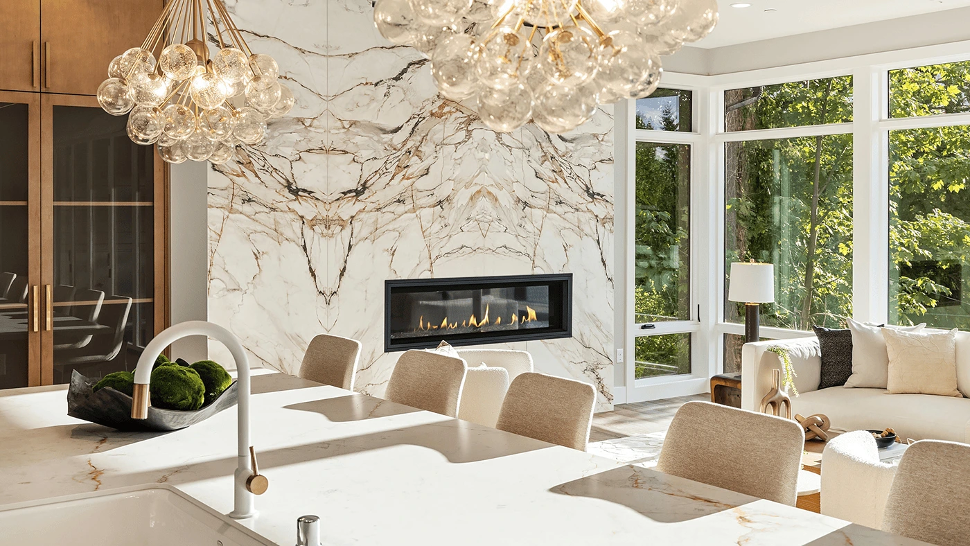 Modern marble interior — fireplace and open living space, Ariana Designs, Bellevue