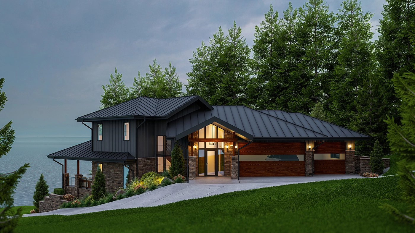 Waterfront lake house exterior — Ariana Designs, Stanwood Washington
