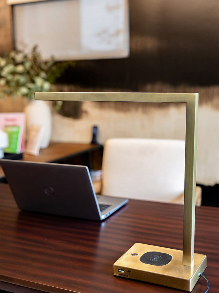 Sleek brass desk lamp illuminating modern workspace with greenery — Bellevue office, Ariana Designs