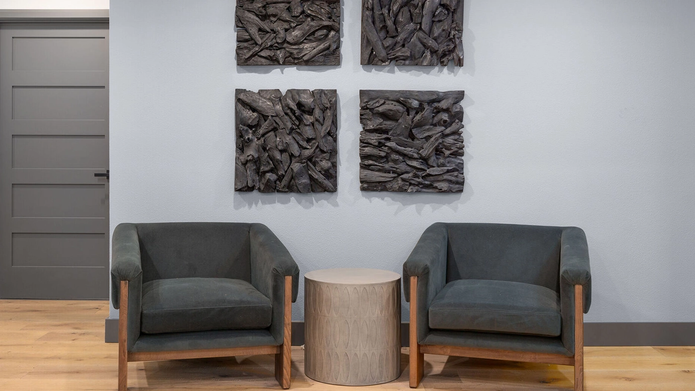 Modern minimalist seating area gray armchairs textured artwork — Ariana Designs, Hidden Oaks