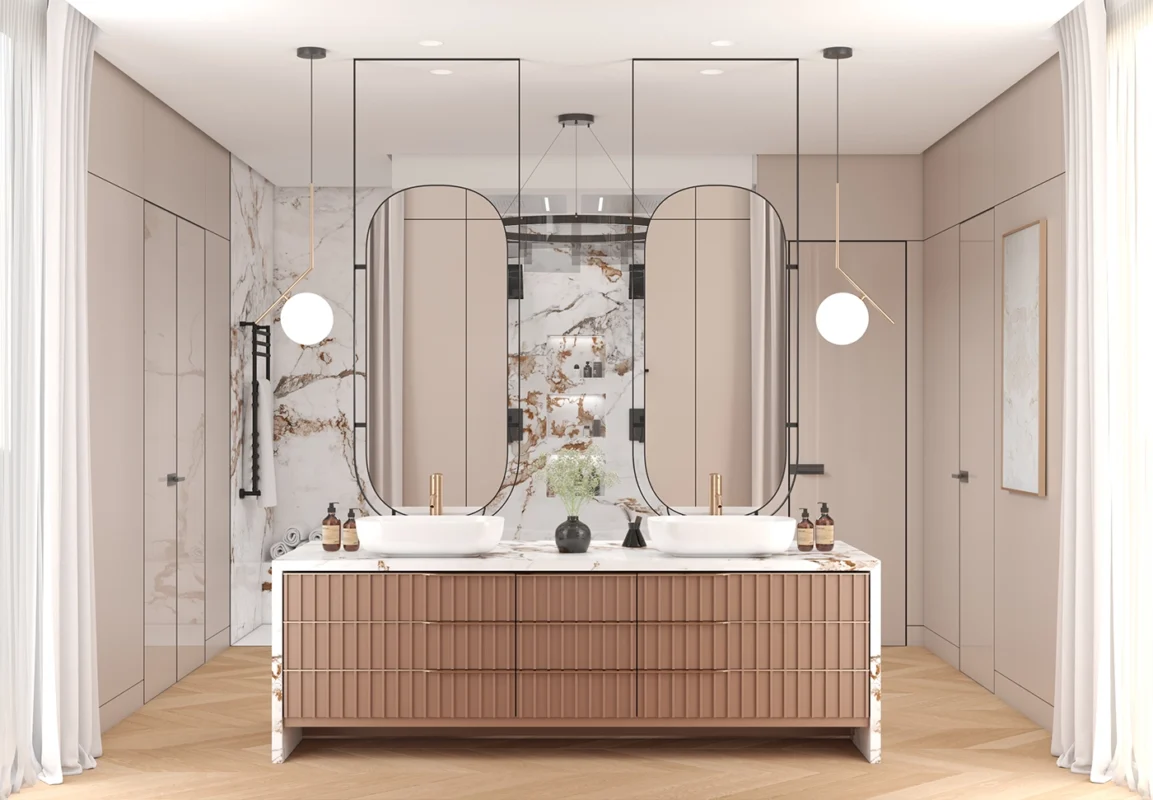Contemporary bathroom interior design with smart storage solutions, optimizing space for functionality and style while reflecting personal design preferences.