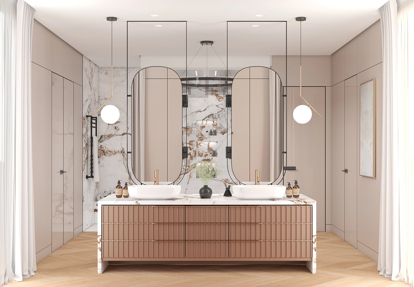 Contemporary bathroom with smart storage, marble and natural light — Tailhook, Ariana Designs
