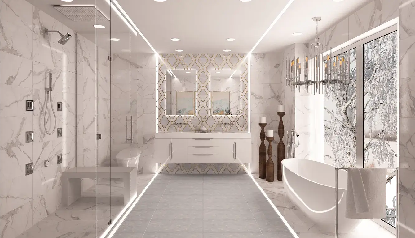 Luxurious modern bathroom interior design featuring elegant marble tiles, a freestanding bathtub, and a stylish double vanity.