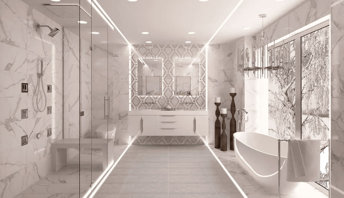 Luxurious modern bathroom interior design featuring elegant marble tiles, a freestanding bathtub, and a stylish double vanity.