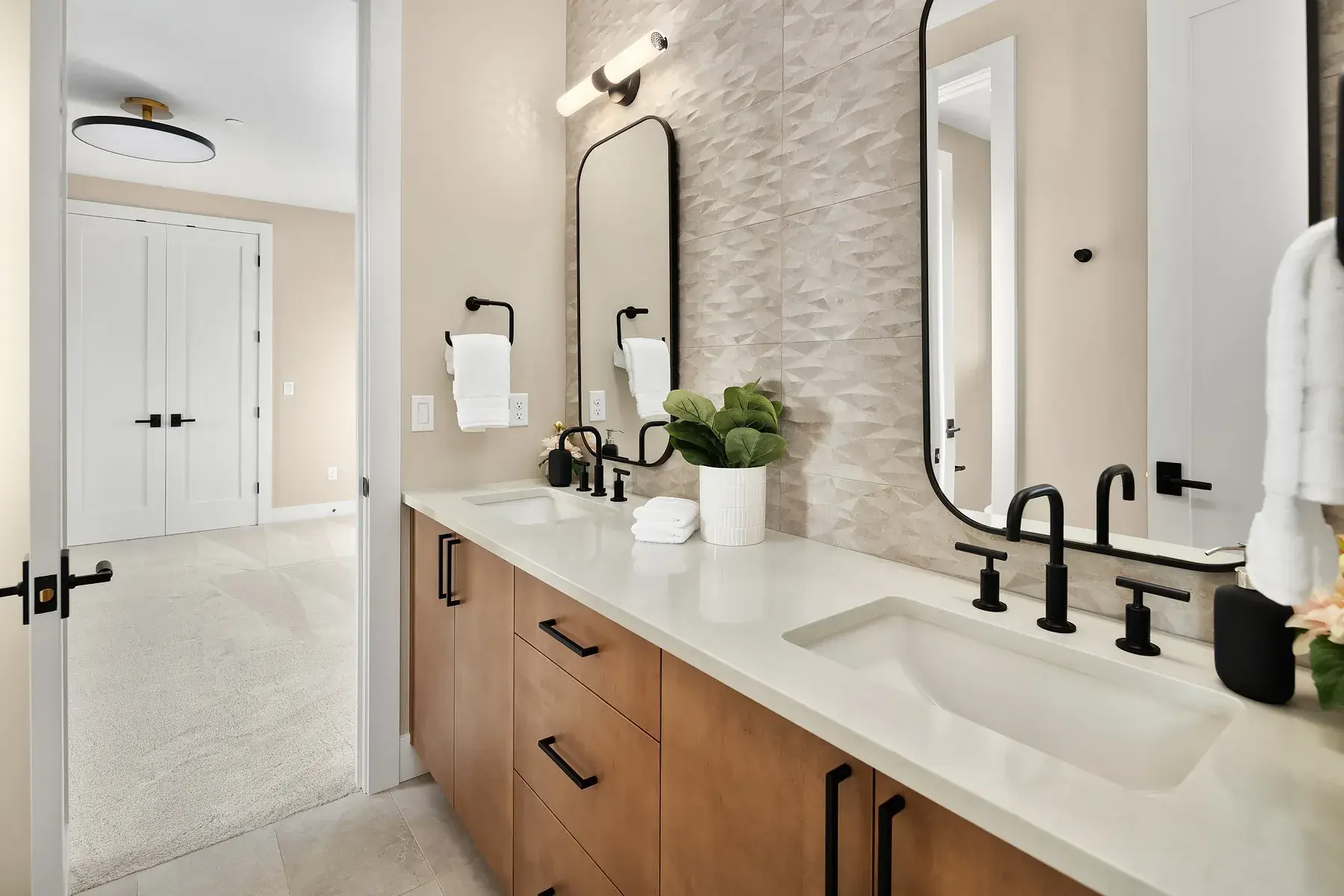 Bright and inviting bathroom interior design showcasing eco-friendly materials and innovative lighting design for a sustainable atmosphere.