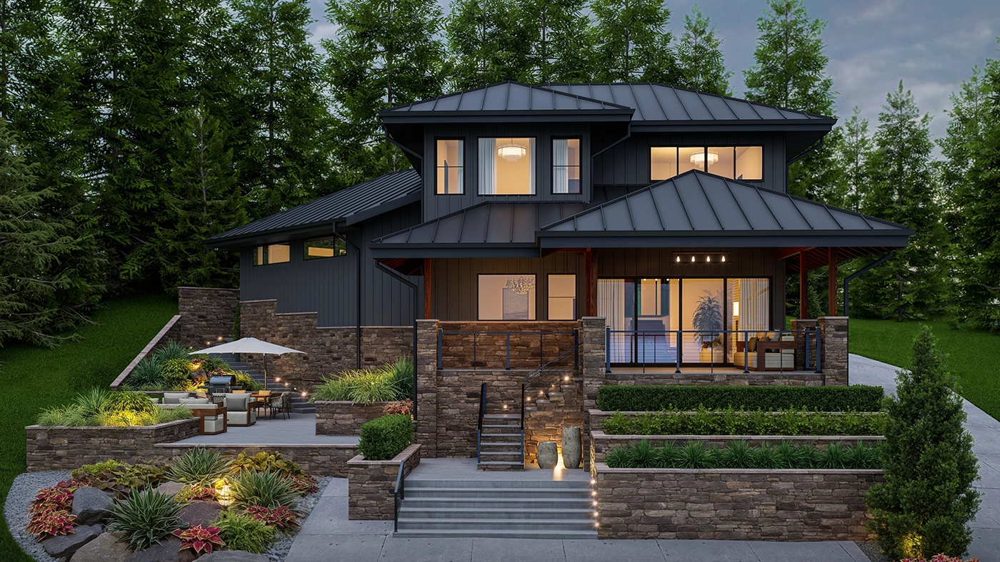 Open outdoor space with diverse trees and landscape architecture design, featuring a children's play area and shaded picnic spots for community gatherings.