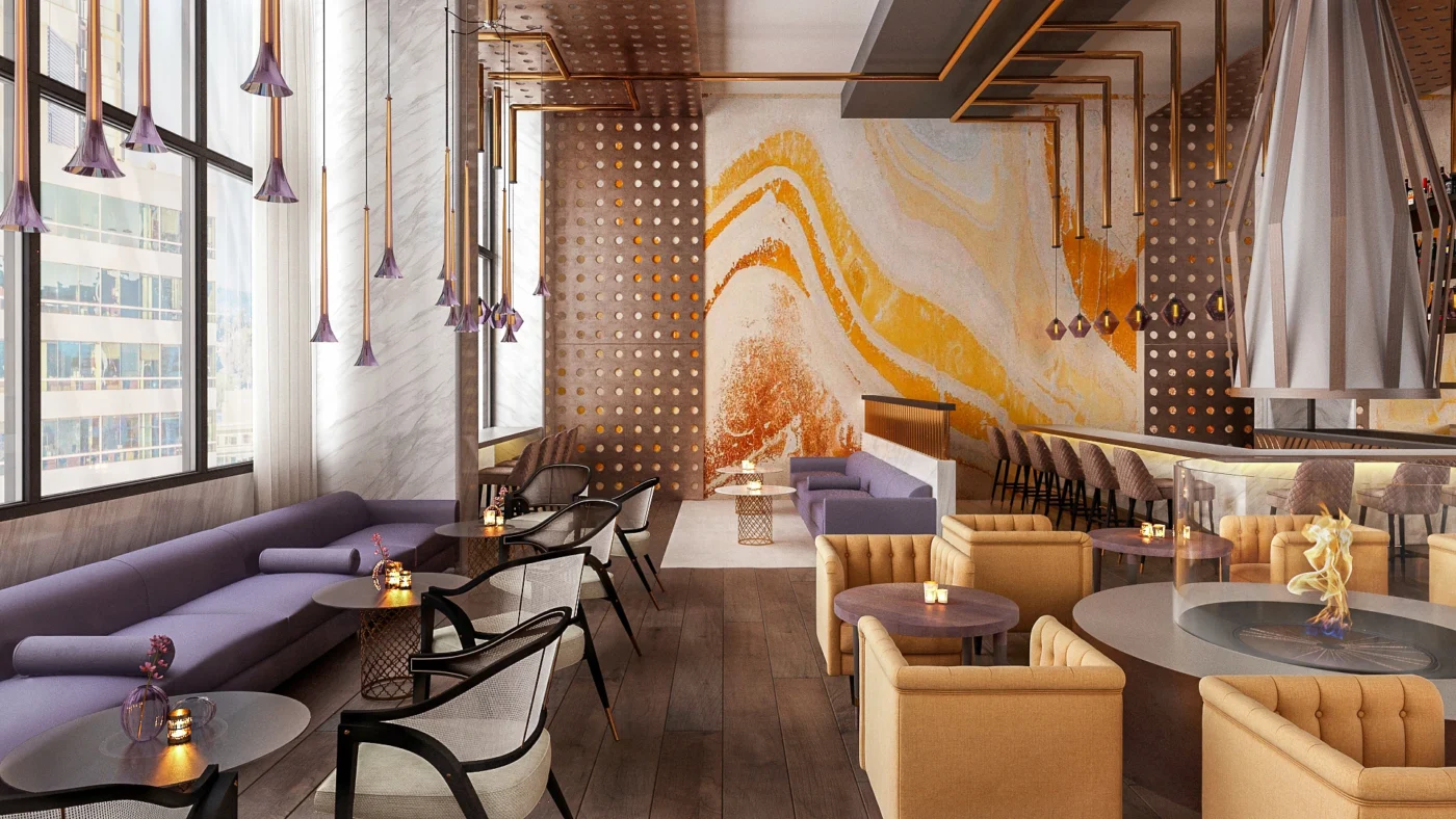 Luxurious modern lounge with stylish seating, warm colors, and unique design elements.