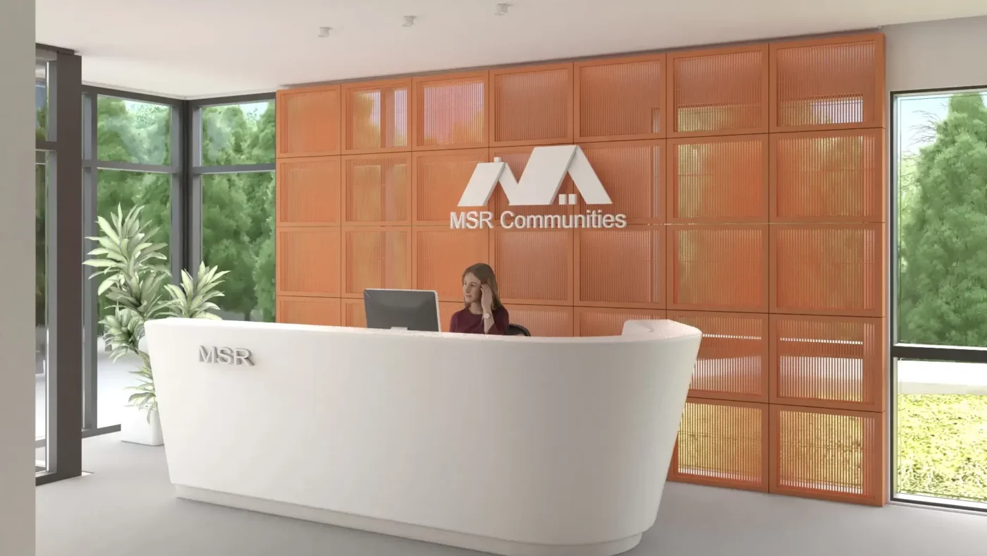 Brand-focused office space with company logos and color schemes integrated into the decor, reflecting the company’s identity and values.